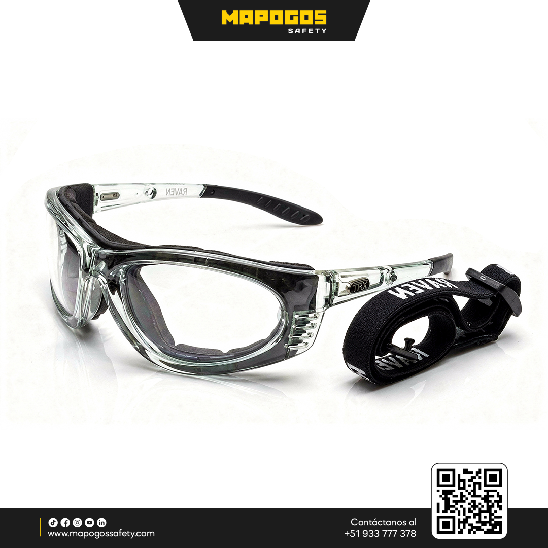Lentes de Seguridad Raven TRX - Protección Industrial. Lentes de seguridad Raven TRX con protección NanoFog Guard y banda elástica.