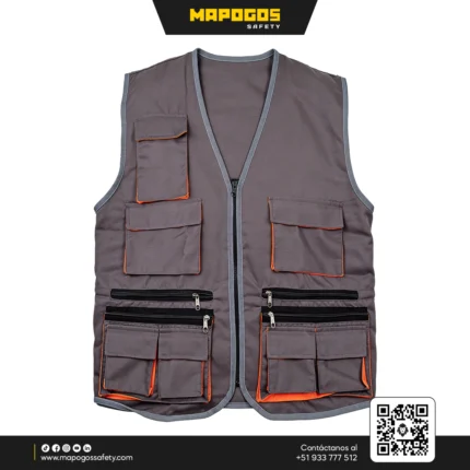 CHALECO DRILL MODELO INGENIERO COLOR GRIS Y NARANJA